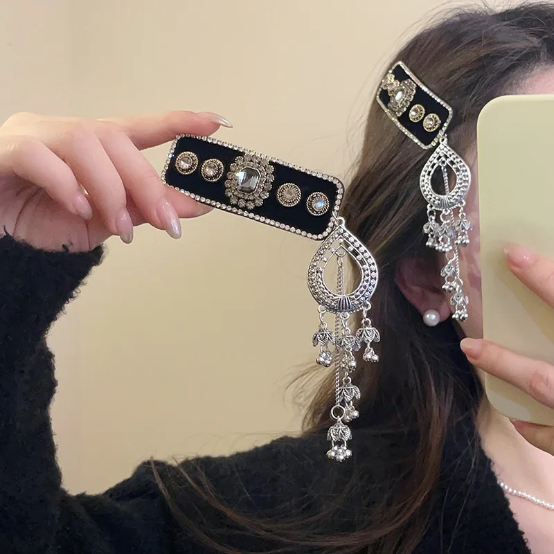 Strass Ethnische Beflockung Quadrat Wasser Tropfen Geometrische Muster Fransen Haar Clips Seite Pony Clip Retro Temperament Zubehör – Detail 4