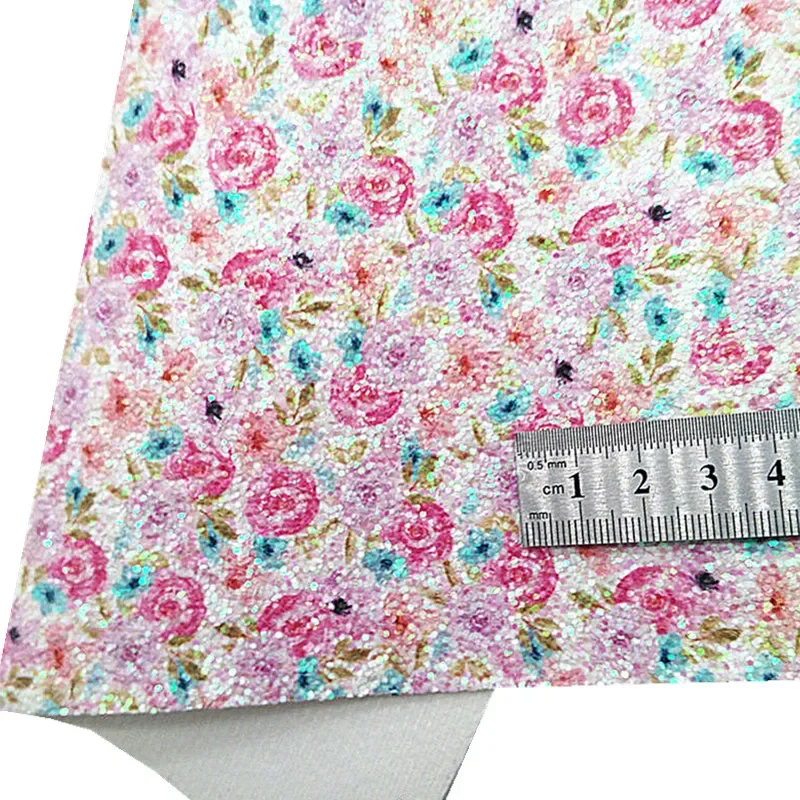 Pink Chunky Glitter Leather Stripes Rose Flowers Printed Glitter Fabric Pearlized Leather Vinyl Sheets For Bows DIY 21x29CM Q813