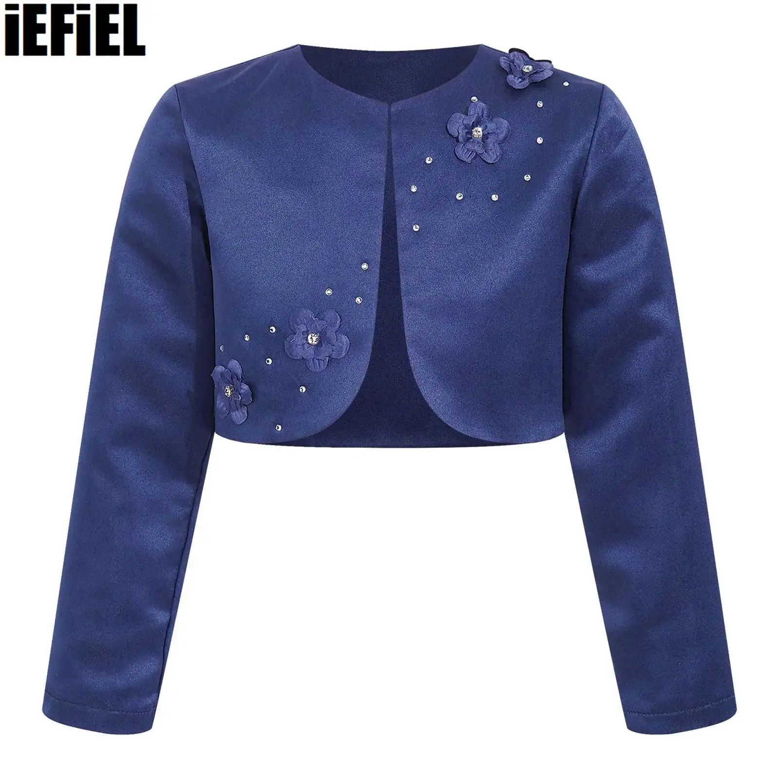 

Kids Girls Satin Bolero Short Coat Bolero Rhinestone Long Sleeve Open Front Fully Lining Girls Shrug Cardigan Dress Accessory