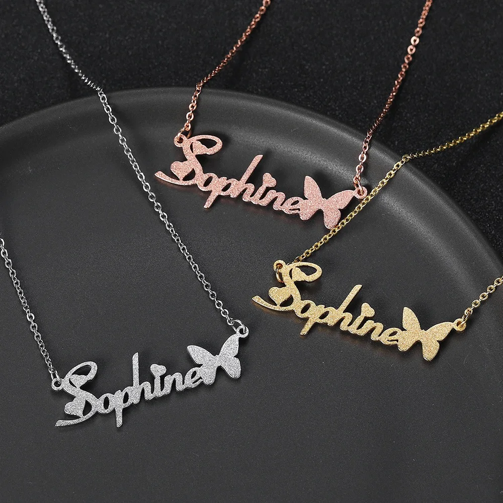 

Personalized Butterfly Custom Name Pendant Necklace Stainless Steel Customized Frosted Nameplate Necklace for Women Fine Jewelry
