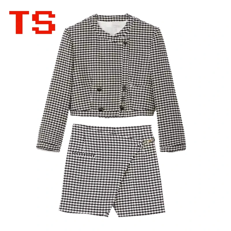 

Office Lady Houndstooth Tweed Suit 2023 Early Autumn New Women French Round Collar Short Jacket + Slant Lapel Tweed Short Trunks