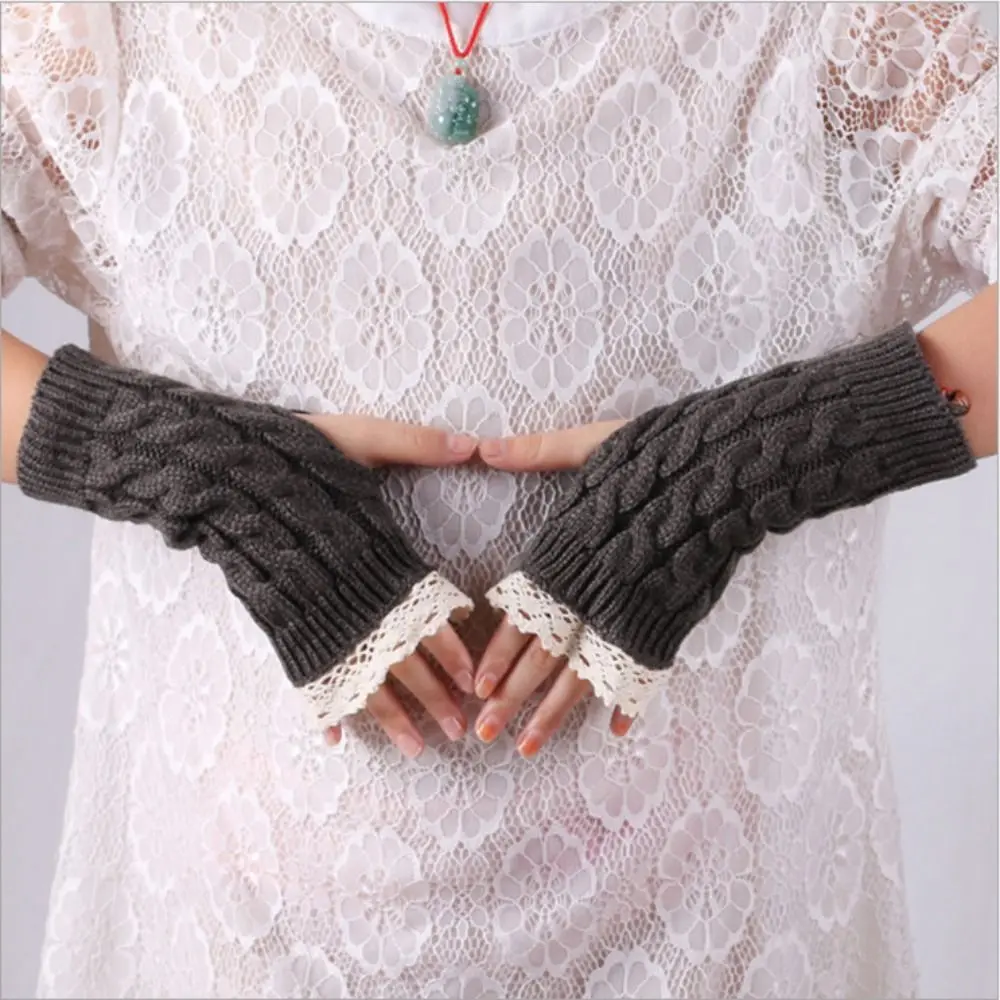 

1 Pair Half Finger Twists Lace Gloves Winter Warm Knitted Wool Gloves For Women's Korean Simple Sweet Short Gloves Mittens