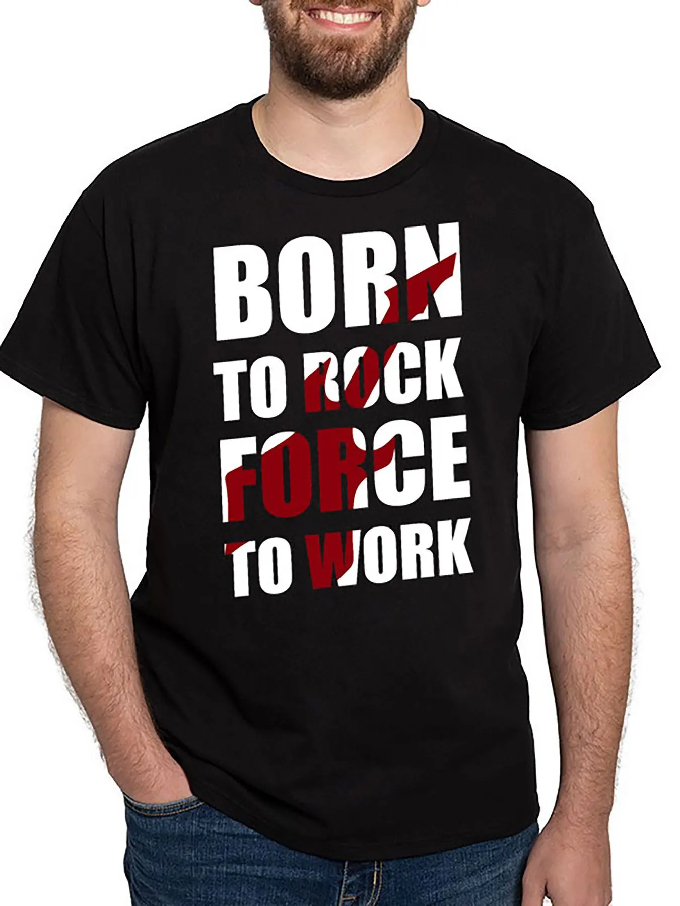 

Забавная Мужская футболка Born to rock force to work 102982 с коротким рукавом графическая коллекция черная