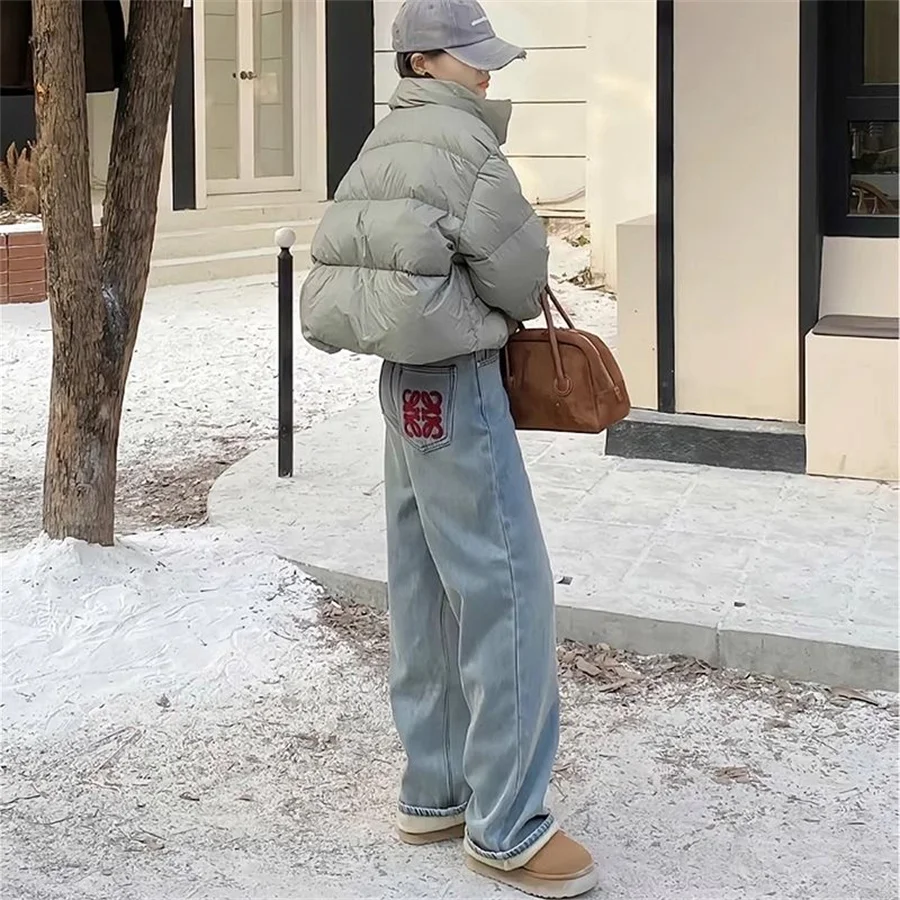 Embroidery Velvet Lined Wide Leg Jeans Winter Design Casual High Waist Baggy Straight Vaqueros Korea New Warm Woman Denim Pants