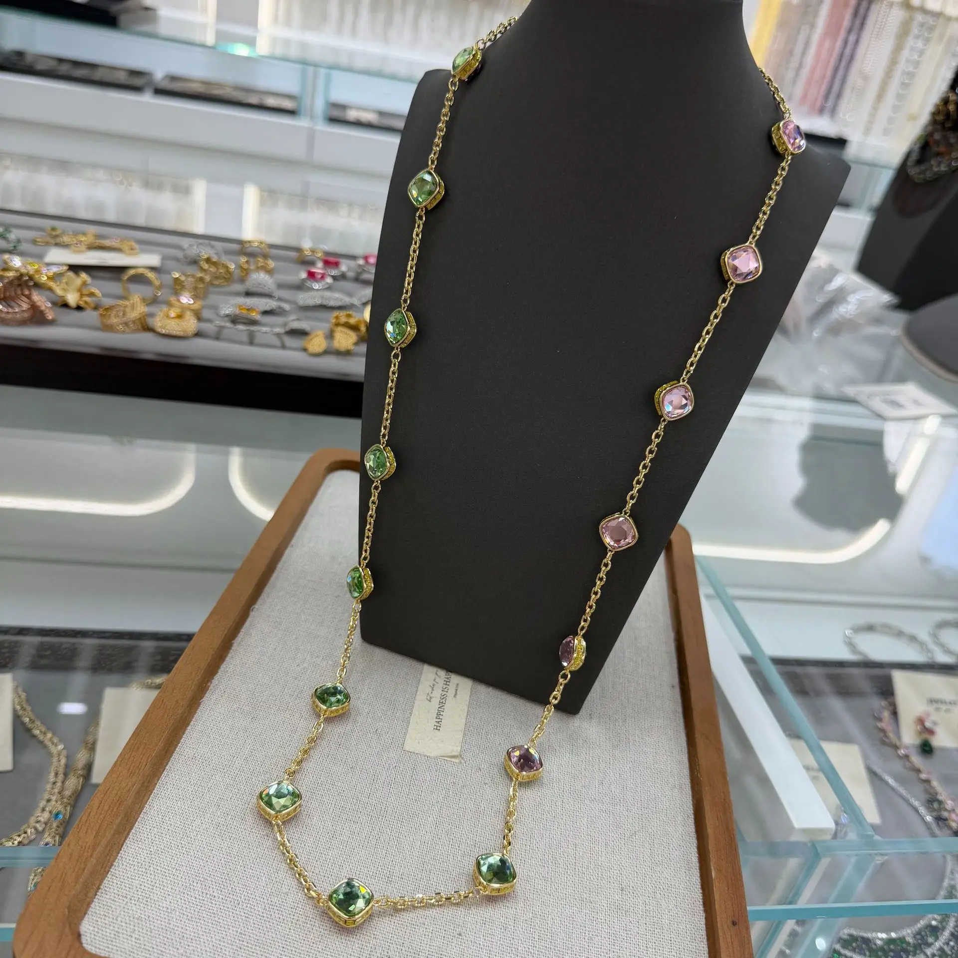 Women's Natural Crystal Powder Green Double-Sided Geometric Square Colorful Zircon Long Necklace, Earrings, and Bracelet Set 4