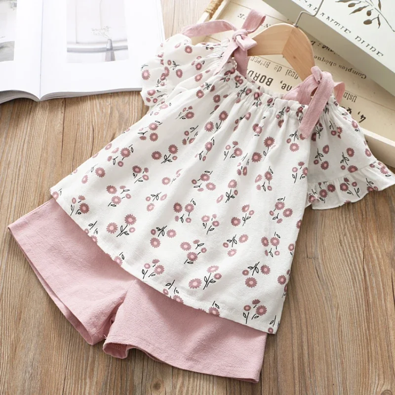 Girls Clothing Sets Summer Kids Clothing Sets Sleeveless Floral T-shirt Shorts Pants 2Pcs Suit Bow Children Girl Suit kids clothing set girls clothing set