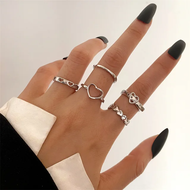 Fashion Metal Heart Rings Set Silver Alloy Hollow Pearl Love Rings for Couples Lovers Women Girls Valentine's Day Party Gift 1