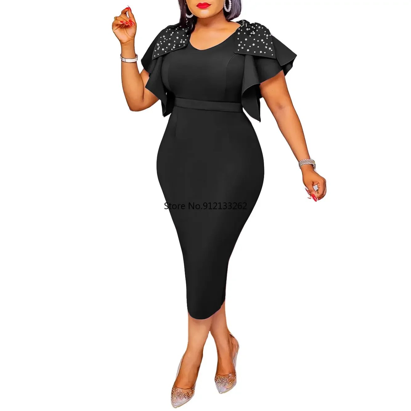 Black Red African Dresses for Women 2024 Spring Summer Dress Sexy Birthday Evening Party Bead Ruffles Robe Femme African Clothes