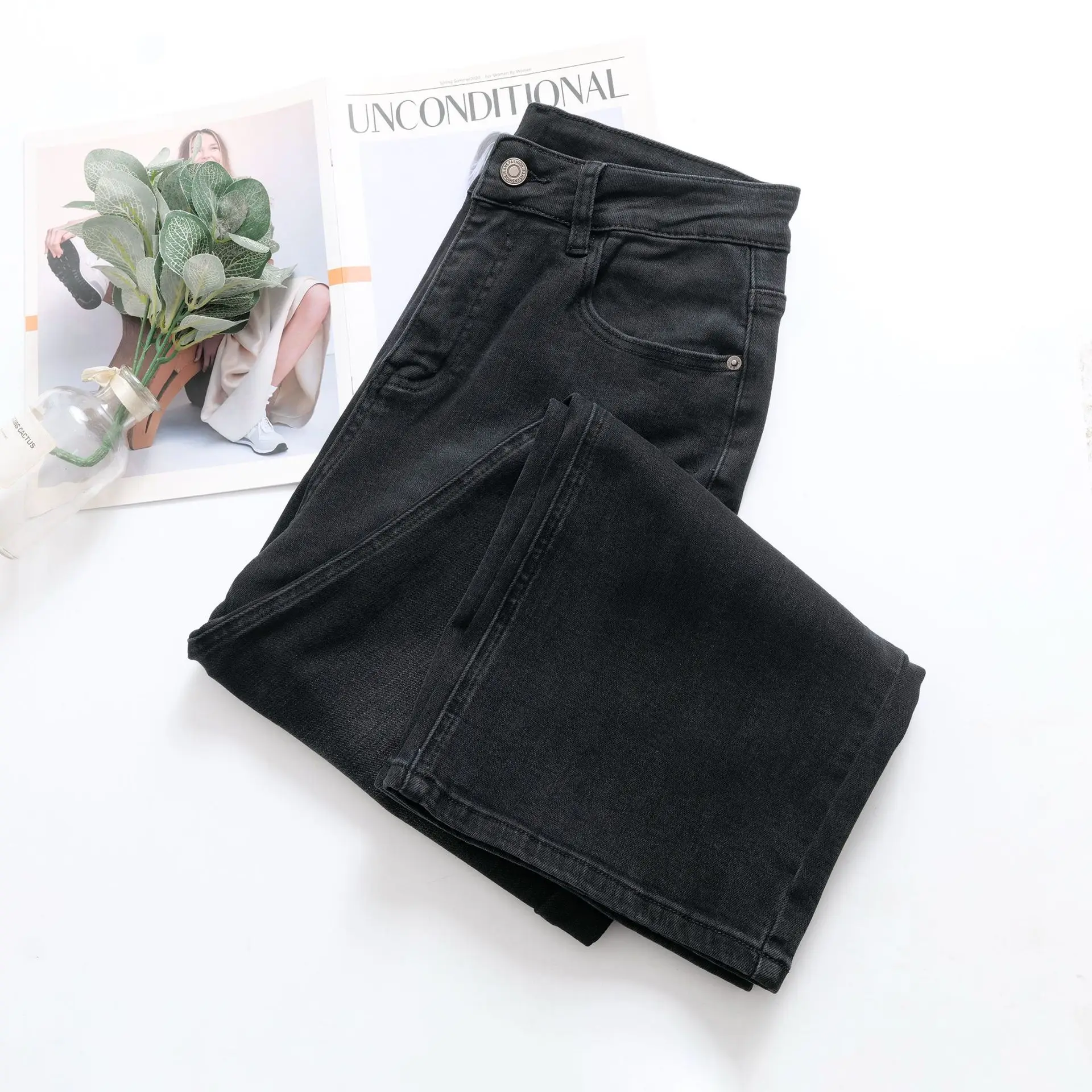 Fashion Plus Size Women's Straight Leg Jeans Simple Boyfriend Style Premium Black Stretch Denim Ankle Length Pants 5361