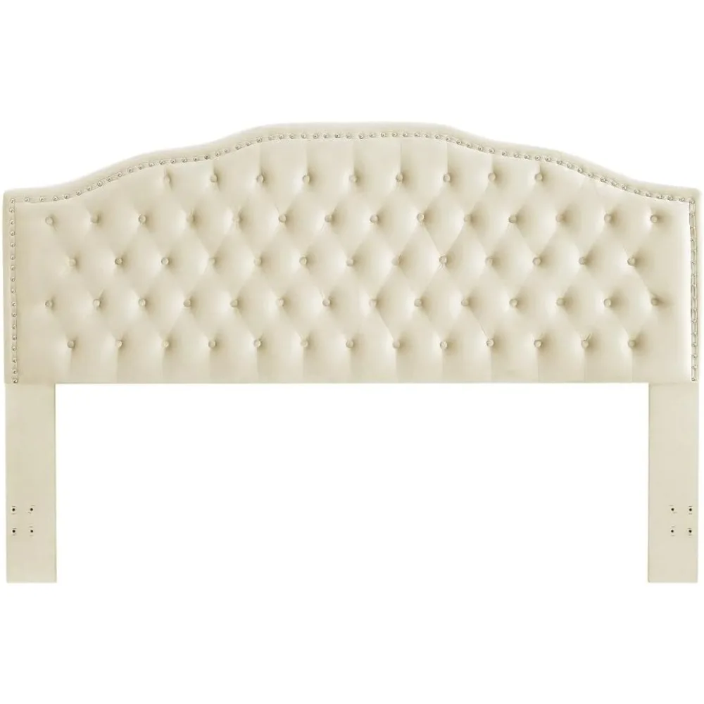 Upholstered Button Tufted King Headboard with Nailhead Trim, Soft Velvet Fabric Headboard King/California King 6031-K-Cream