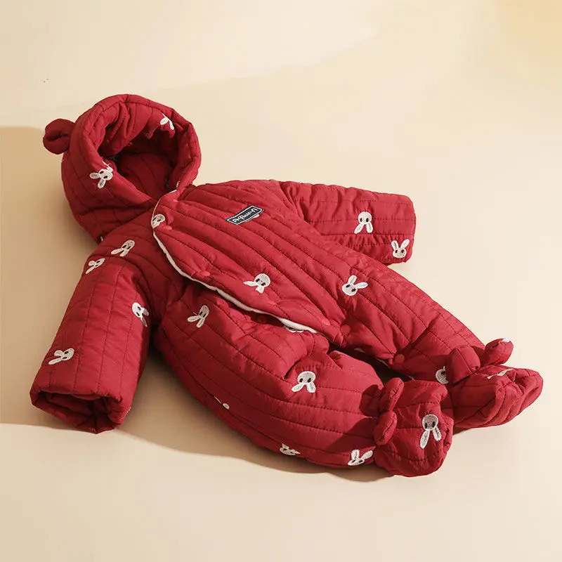 HoneyCherry Baby Winter Padded One-Pieces Footies Cute Warm Hooded Thickened Out Romper Newborn Girl Clothes
