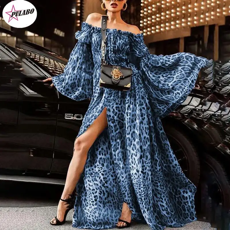 

PULABO 3 Colors Summer Fall Bohe Off Shoulder Sexy Leopard Print Maxi Dress Ladies Chiffon Split Long Sleeves Dresses