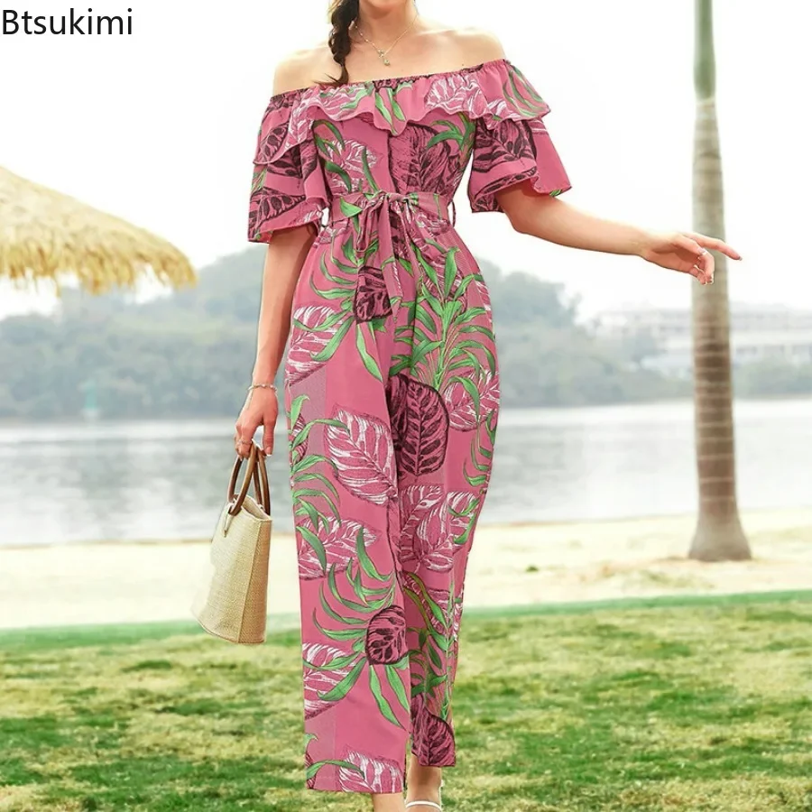 

2024 Women's Elegant Jumpsuits Spring Summer Sexy One Line Neck Print Short Sleeve Lace Up High Waist Female Jumpsuit Overalls