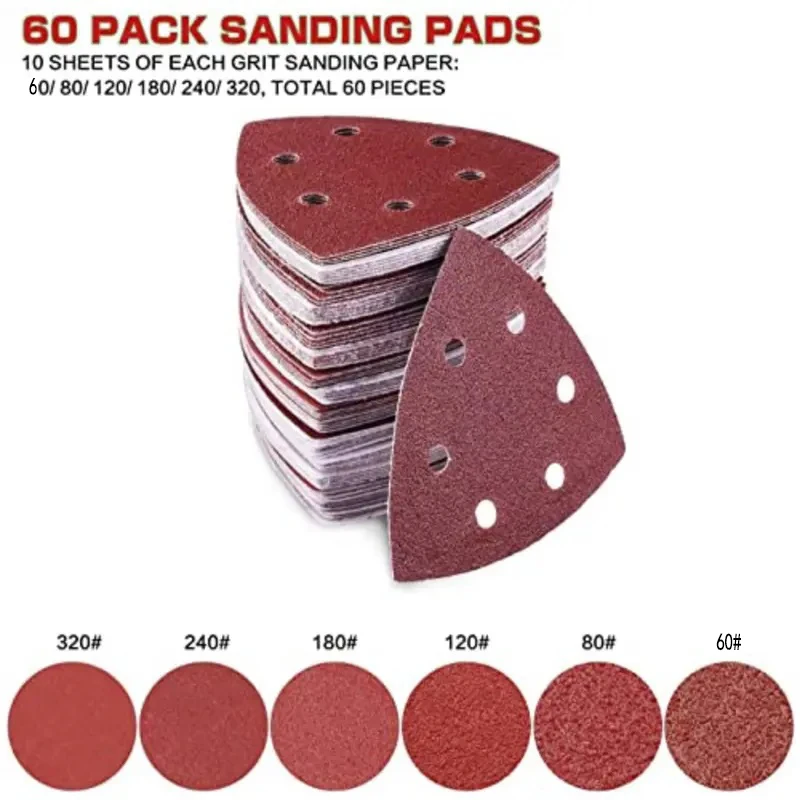 Triangle Sanding Pads 60pcs Mouse Sander Pads Sandpaper With 6 Holes 60/80/120/180/240/320 Grits For Delta Sanders/Multi-Sanders sanding disc