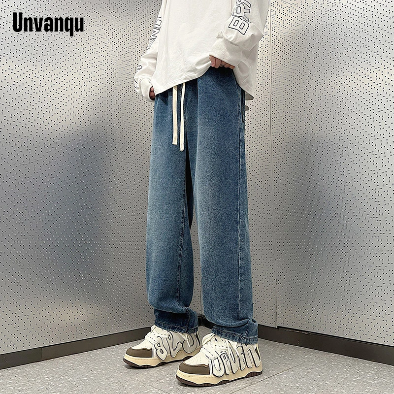 Unvanqu 아메리칸 심플 패션 스트리트 남성용 청바지, 레이스업 와이드 레그 팬츠, 루즈 캐주얼 스트레이트 조깅 바지, 2024 용수철 신제품