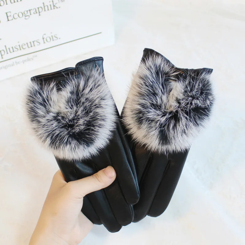 ���� �ܿ� PU ���� �尩 ���� ������ ��ġ ��ũ�� ���� �Ȱ� guants mujerRabbit Hair Cold-proof �Ϳ��� �尩