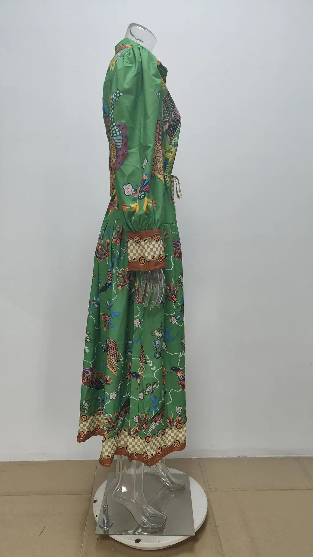 Feminino retro impresso a linha vestido longo elegante lanterna manga lapela camisa plissado vestidos de festa feminino primavera grande bainha vestido 37 Sfa04ea407c0f4463b1fbada348aca239J