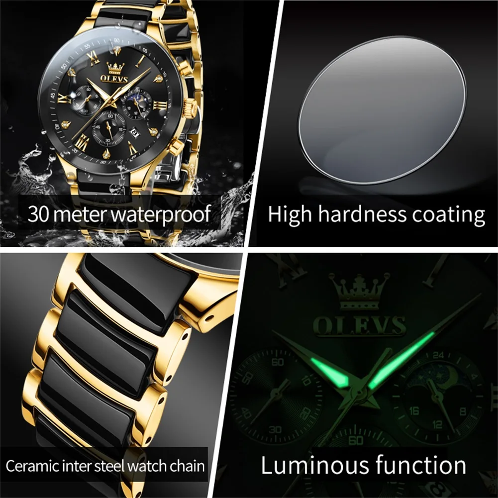 OLEVS Luxury brand Men's Watches 44mmDial Ceramic strap Moon Phase Waterproof Quartz Watch for Man Chronograph Roman Scale Watch