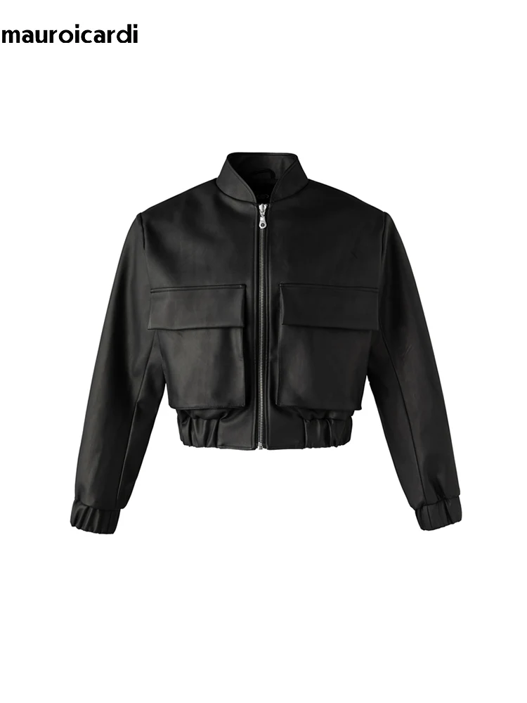 Mauroicardi Spring Autumn Cool Short Loose Black Hard Pu Leather Bomber Jacket Men Zipper Pockets Luxury Designer Clothes 2023 5