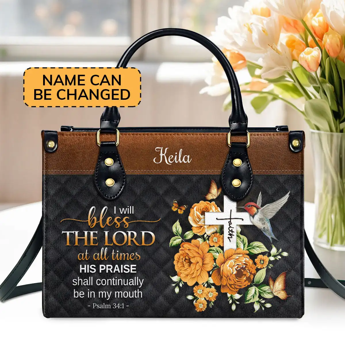 

Special Personalized Leather Handbag I Will Bless The Lord At All Times Pattern Fashion Shopping Bag Big Capacity Crossbody Bag