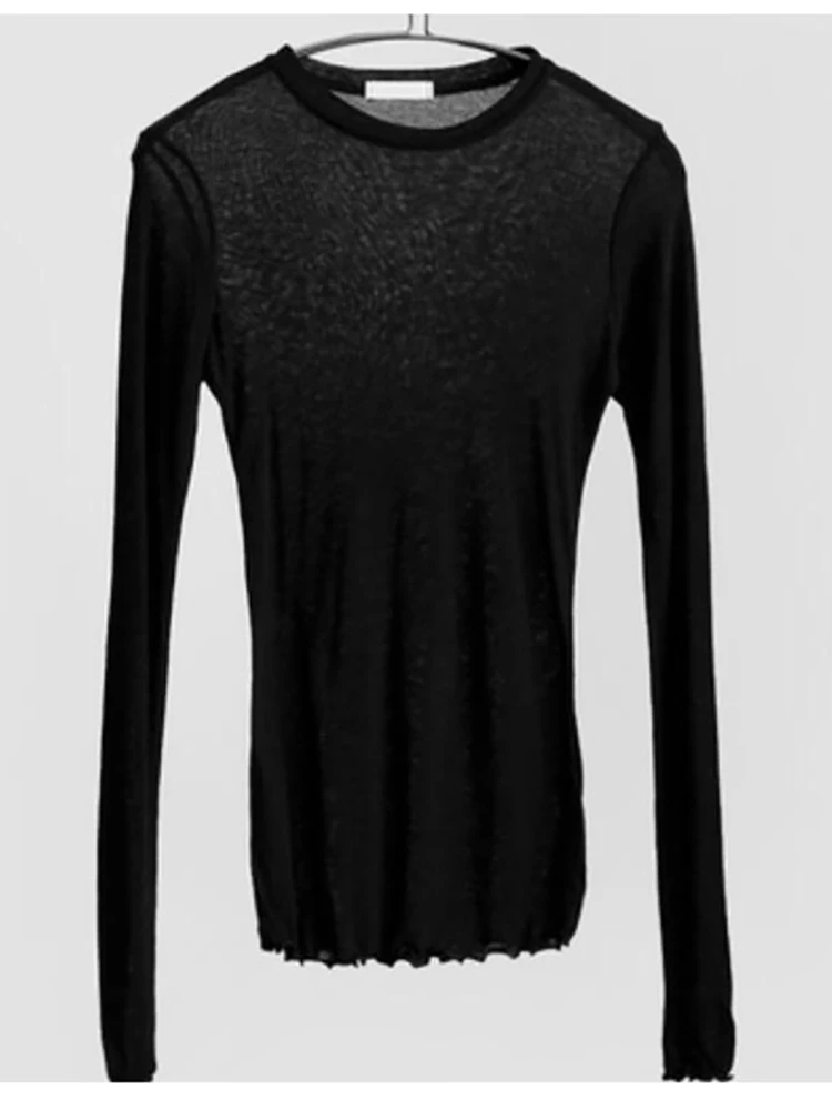 Camisa de algodão de alta qualidade simples t das mulheres elástico básico camisetas femininas casual tops de manga longa sexy fino camiseta ver através