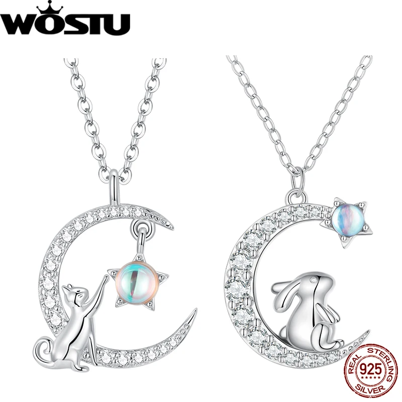 

WOSTU 925 Sterling Silver Cute Cat Moon Necklaces with Crystal Zircons Pendant Adjustable Neck Chain For Women Fine Jewelry Gift