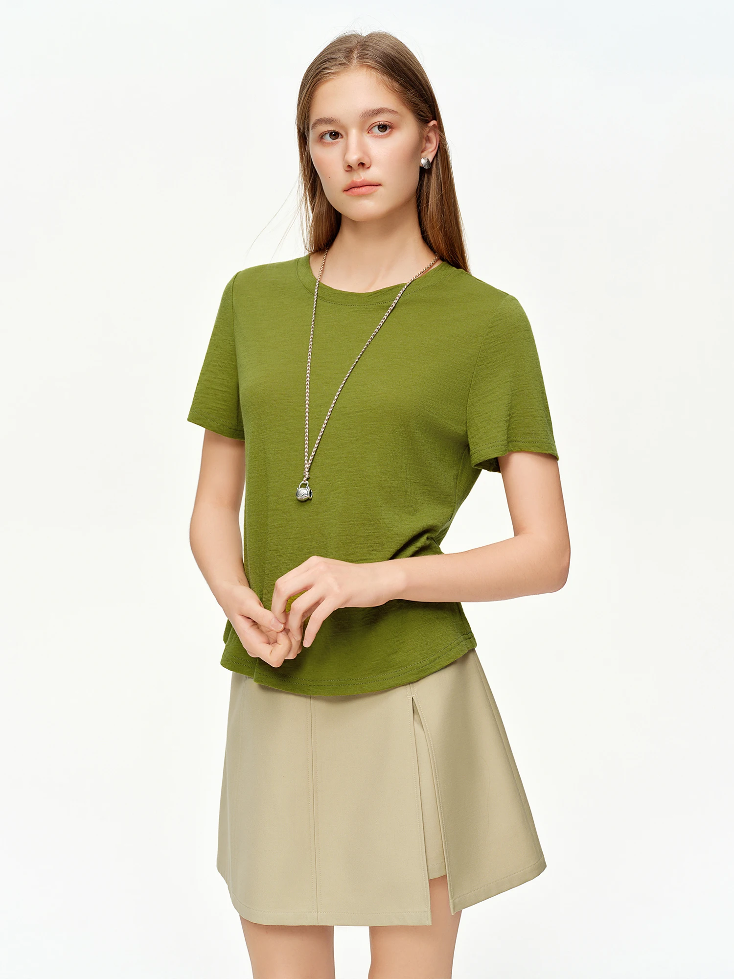 DUSHU المرأة الأخضر والرمادي المتناقضة اللون الطبقات قطعتين متماسكة تي شيرت ربيع 2026 جديد وصول موضة بلوزات طويلة الأكمام