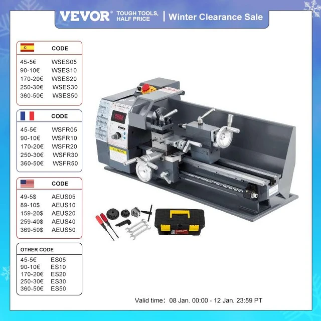 VEVOR Tour à Métaux 210x400 mm Mini Tour à Bois Affichage Numérique Vitesse  Variable 50-2500 tr/min Kit Tour à Métal Réglable électronique Fraises