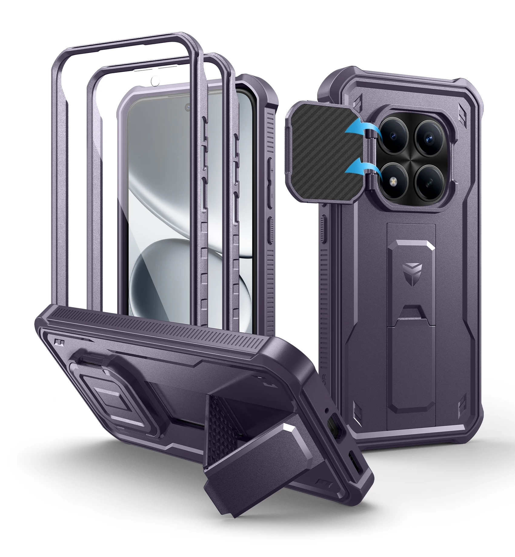 Shockproof Bumper Protective Case with Built-in Sliding Camera Cover, Screen Protector, and Kickstand