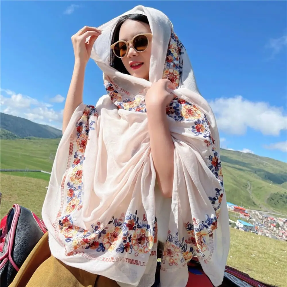 

Vintage Embroidery Flower Ethnic Style Cotton Linen Big Shawl Vacation Scarf Neck Wraps Thick Warm Scarves