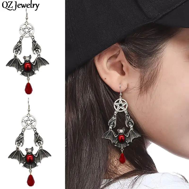 Gothic Vampire Bat Drop Earrings Exaggerated Red Vampire Bat Red Blood Waterdrop Crystal Dangle Earring For Women Jewelry Gifts