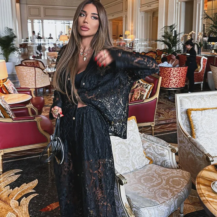 Lace Hollow Out Printed 2 Piece-Set Trousers Female See-Through Sexy See-Through Shirts And Fashion Women's Pants Outfits