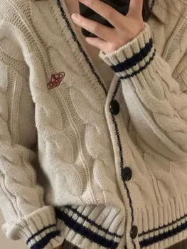 Soft Cozy Knitted Open Cardigan in Oatmeal Color with Embroidery Elegant Loose Fit Women's Woolen Sweater for Autumn Winter