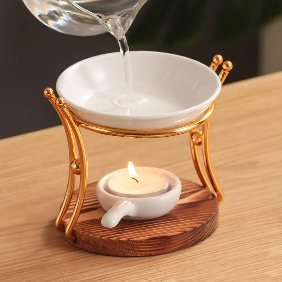 WD&CD Metalen Wax Smelt Essentiële Olie Brand, Keramische Kaarsen Houders Oliebranders Aroma Branders Aromatherapie Houder Kaars Geurende Diffuser Thuis Slaapkamer Decor, Goud