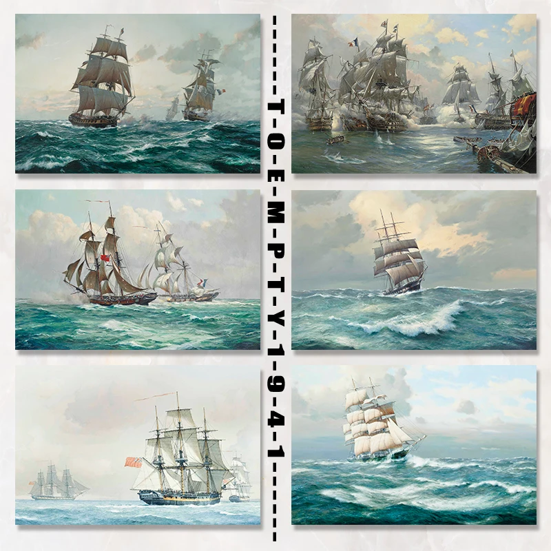 Vintage Pittura A Olio Barca A Vela Vela Vela Lontano Flotta Poster Stampa Su Tela Vintage Oceano Barca A Vela Decorazione Della Parete Della Stanza D