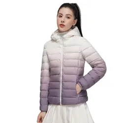 High end white duck down jacket Women's hooded collar down jacket Waist length fashionable warm jacket