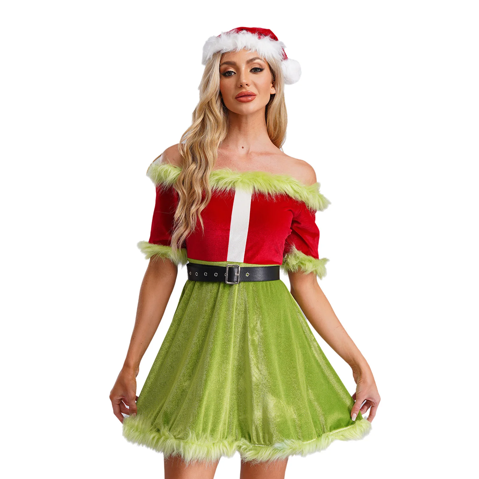 Women's Christmas Elf Costume Set 6-Piece Women's Christmas Elf Costume Set – Festive Dress With Hat, Belt, Shoes, Socks & Ears, Perfect For Holiday Parties