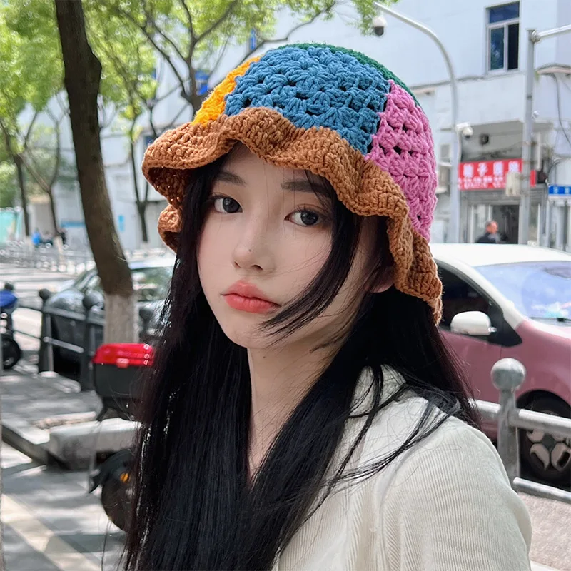 

Japanese Style Contrast Color Hollow Knitted Bucket Hats Spring Autumn Thin Fisherman Caps Bonnets for Women Skullies Beanies