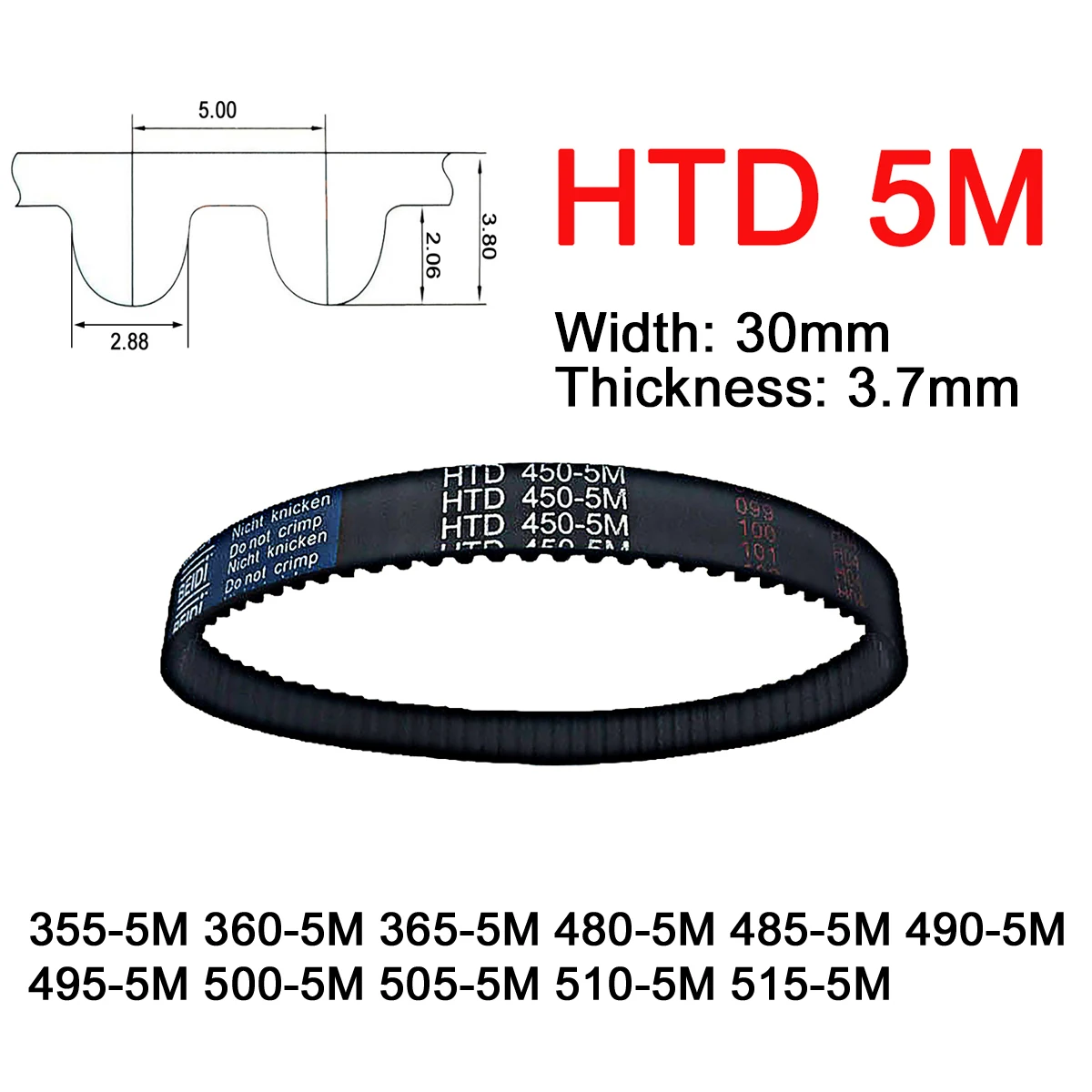 

1Pc Width 30mm 5M Rubber Arc Tooth Timing Belt Pitch Length 355 360 365 480 485 490 495 500 505 510 515mm Closed Loop Drive Belt