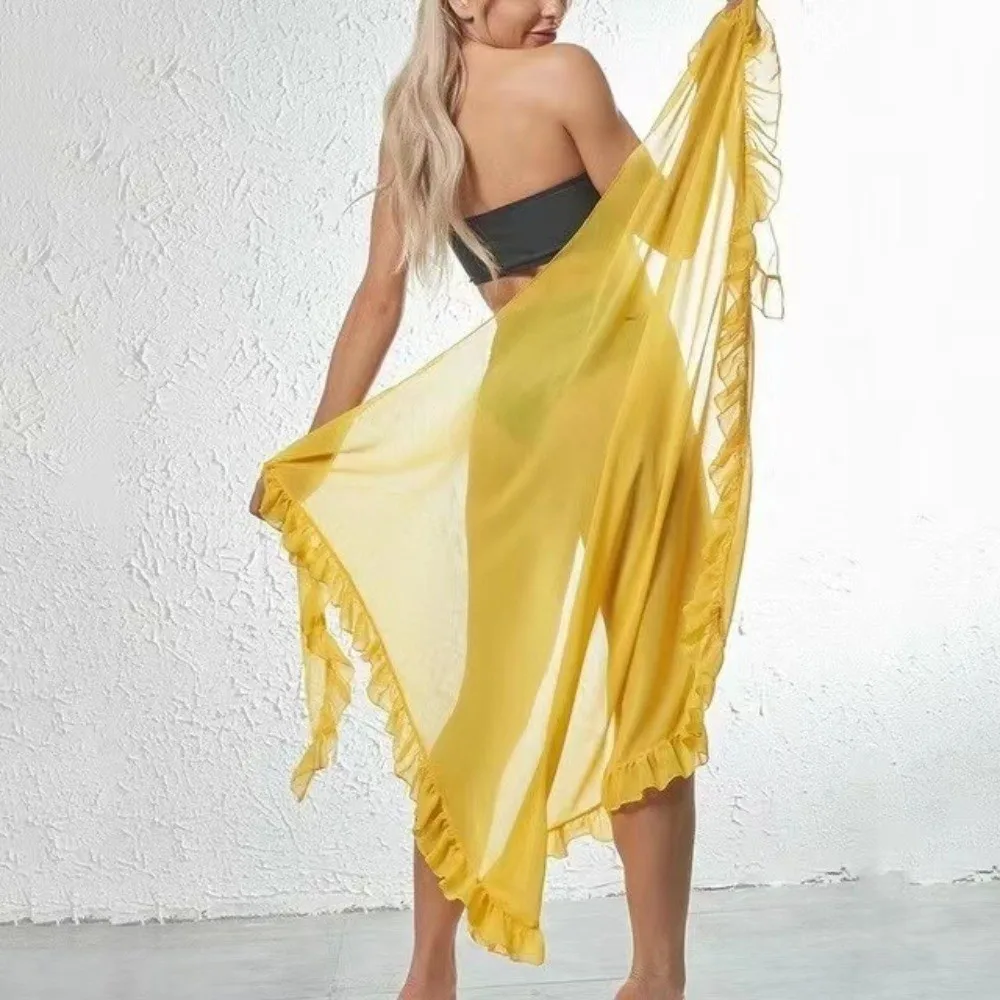 Women Fashion Ruffle Design Sarong Chiffon Material Sheer Fabric Beach Dress Long Length Solid Color Pareo Dress Sun Protection 2