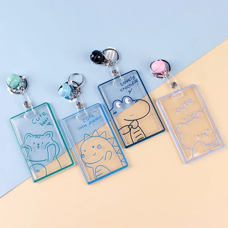 Transparent Cartoon Acrylic Card Case for Kids Student ID Card Case Bell Keyring Buckle Protection Sleeve
