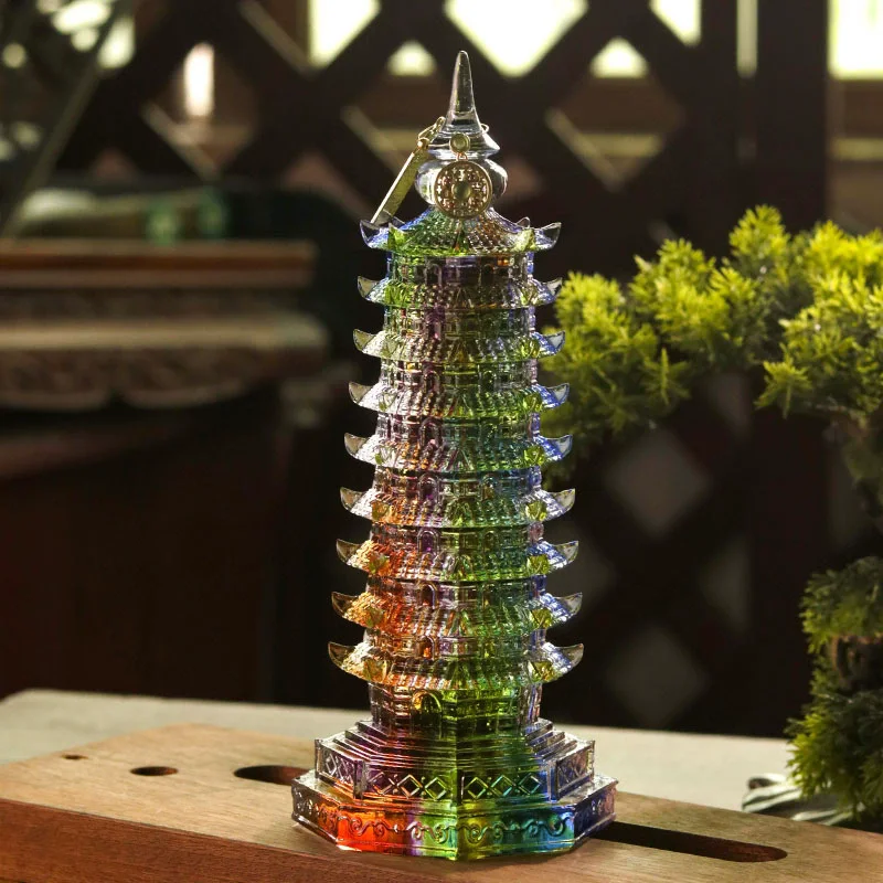 9 Layer Crystal Glass Liuli WenChang Pagoda Desk Ornament, Study Exam Must Pass Gift for Students, Desktop Feng Shui Decor
