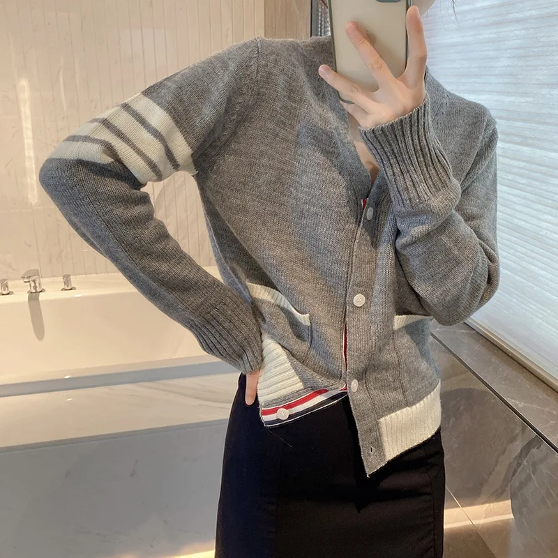 

High Quality Korean Style Limited Color Block Grey~Autumn TB Color Block Cardigan Solid and Dense Fashion Cotton Four Bar Coat