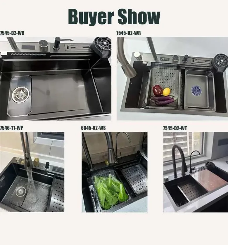 Description Picture 2 of item304 stainless steel kitchen waterfall sink digital display large single sink dish basin sink with multifunction touch waterfall