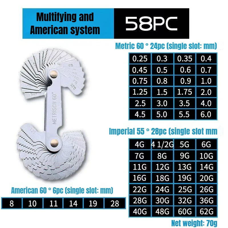 51/58PCS Stainless Steel Pitch Scale High Precision Measuring Tool Insert U.S. Screw Gauge Metric Inch One Piece Thread Samples