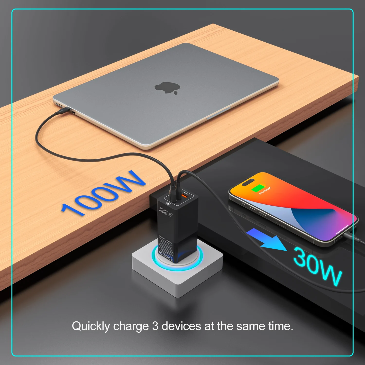 100W GaN Charger USB Type C Fast Wall Chargers PD100W Laptop Adapter for Macbook Tablet Pixel Samsung S23 Ultra iPhone 15 12 pro