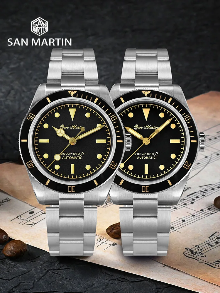 NC San Martin SN046G Orologi subacquei in acciaio inossidabile NH35 Orologio meccanico in vetro zaffiro 200 m Orologio da polso impermeabile (black no logo