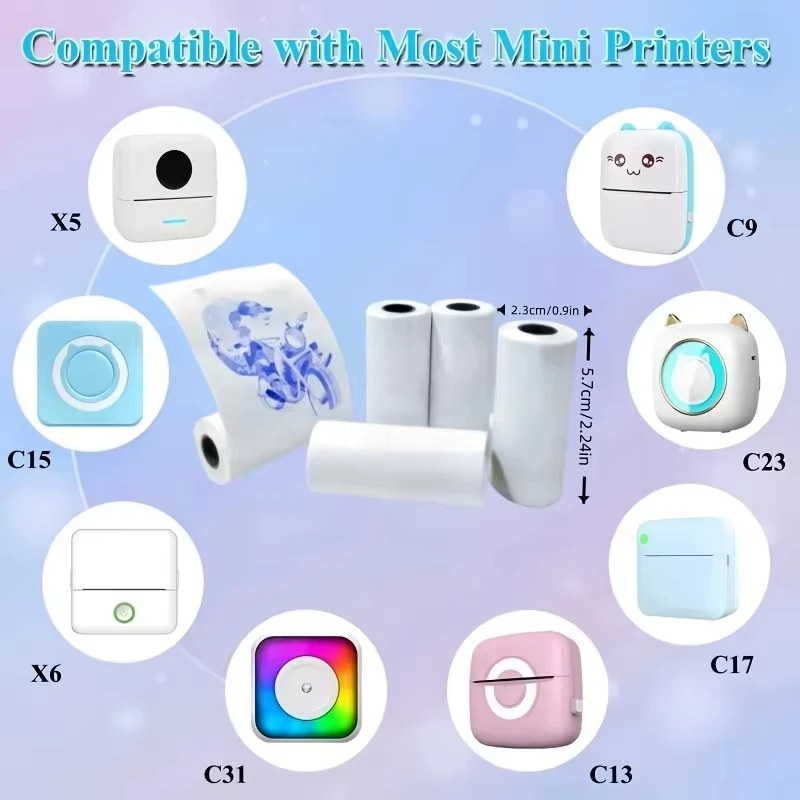 6롤 블루 PVC 스티커 용지 - 미니 프린터, 메모/업무/사진/메모용 방수 자가 접착 잉크리스 라벨