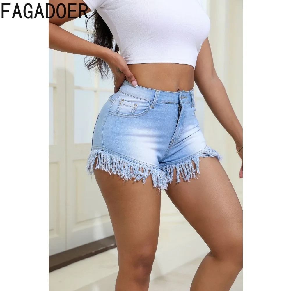 FAGADOER Light Blue Summer Denim Tassels Skinny Shorts Women High Waisted Button Pocket Slim Shorts Female Solid Cowboy Bottoms