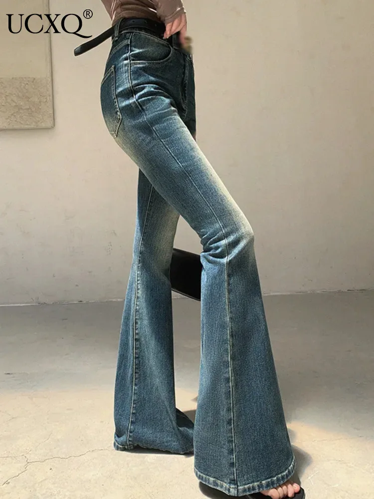 

UCXQ Vintage Washed Blue Micro Flared Jeans Women's New High Waist Casual Loose Pants Trouser Female 2024 Spring Autumn 23A7624